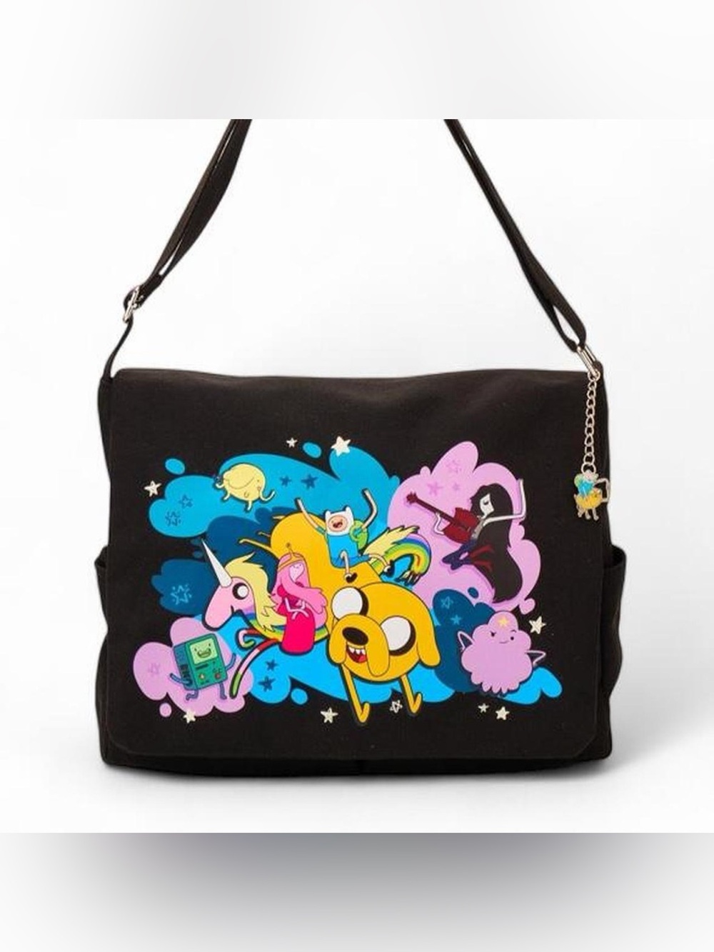 Adventure Time Black Canvas Messenger Bag with Character Print